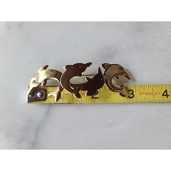 Gold Tone Metal Green Enamel Eyed Dolphins Jumping Shaped Brooch - Picture 9 of 10